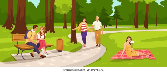 People enjoying a sunny day in a park setting, vector illustration, with green trees and grass background, depicting leisure and relaxation. Vector illustration