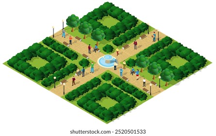 People are enjoying a sunny day, walking in a green city park with trees, bushes, benches, street lamps and a fountain