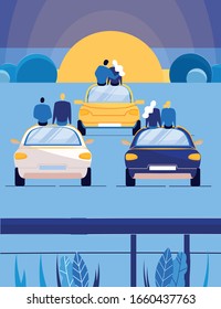 People Enjoying Sunset Beautiful View Sitting on Parked Cars Roofs. Romantic Summer Evening in Automobile Trip. Traveling and Automobile Tourism, Recreation. Flat Cartoon Vector Illustration.