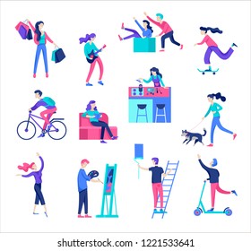 People enjoying their hobbies, reading book, shopping, dancing, cycling, skateboarding, riding a scooter, paint walls and a picture, play the guitar, cooking. Vector character