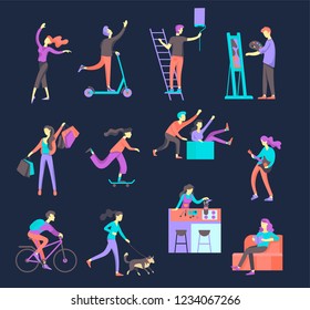 People enjoying their hobbies, reading book, shopping, dancing, cycling, skateboarding, riding a scooter, paint walls and a picture, play the guitar, cooking. Vector character