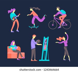 People enjoying their hobbies, reading book, shopping, dancing, cycling, skateboarding, riding a scooter, paint walls and a picture, play the guitar, cooking. Vector character