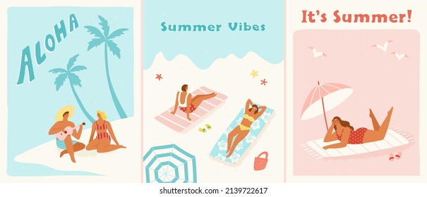 People enjoying their summer vacation on the beach. Set of three poster or banner designs in trendy retro style. Vector illustration of the seaside summer holiday concept.