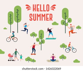 People enjoying their time outdoors in park. Vector illustration summer concept, Hello Summer, Template , Poster or Card, Jogging, Doing yoga, Riding bicycle, Walking