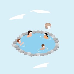 People Enjoying Thermal Spa Water In Winter 3d Isometric Vector Illustration Concept For Banner, Website, Landing Page, Ads, Flyer Template
