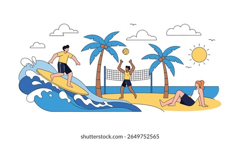 People enjoying tropical beach activities surfing volleyball and relaxing under palm trees on a sunny day