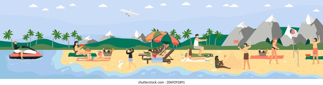 People enjoying tropical beach vacation, flat vector illustration. Summer beach activities. Travel. Summertime.