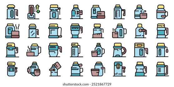 Personas disfrutando usando su conjunto de iconos de botellas de agua reutilizables. Conjunto de personas que disfrutan usando sus iconos reutilizables del vector de la botella de agua para el Diseño web aislado en el fondo blanco