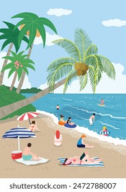 People enjoying vacation on ocean beach with palm trees
