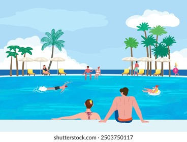 People enjoying vacation at a resort swimming pool with a view of the sea