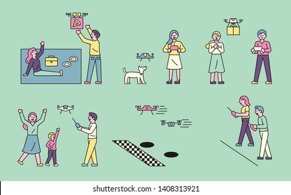 People are enjoying various and convenient lives with drones in the park. flat design style minimal vector illustration