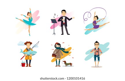 People enjoying various hobbies set, man and woman of various occupations vector Illustration on a white background