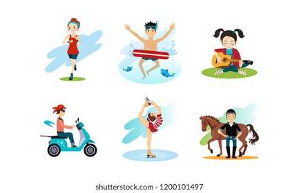 People enjoying various hobbies set, man and woman doing sports, playing guitar, riding motorbike vector Illustration on a white background