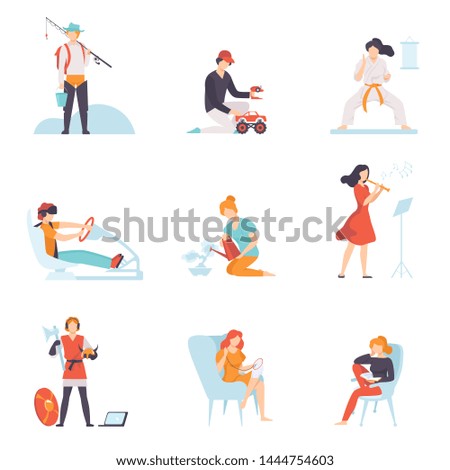 People Enjoying Various Hobbies Set, People Fishing, Driving Car, Doing Karate, Playing Flute, Reading Book, Embroidering Vector Illustration