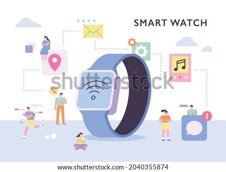 People enjoying various lifestyles around a giant smart watch. flat design style vector illustration.