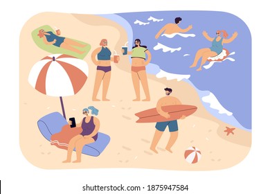 People enjoying various summer activities on beach, swimming, surfing, sitting under umbrella. Tourists relaxing at sea. Vector illustration for vacation, leisure on ocean coast concept