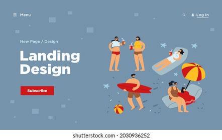 People enjoying various summer activities on beach, swimming, surfing, sitting under umbrella. Tourists relaxing at sea. Vector illustration for vacation, leisure on ocean coast concept