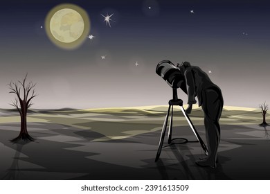 people enjoying the view of the sky with binoculars in the barren desert at night