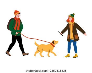 People enjoying a walk with a dog in a park on a chilly day