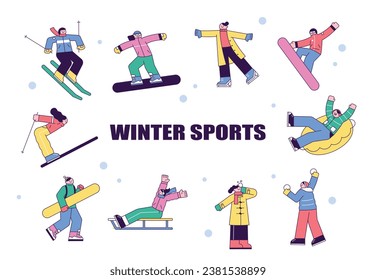 People are enjoying winter sports. Skiing, ice skating, snowboarding, sledding