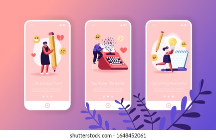 People Enjoying Writing Mobile App Page Onboard Screen Set. Characters Typing Books, Note Ideas on Paper, Literature Poems, Poetry Concept for Website or Web Page. Cartoon Flat Vector Illustration