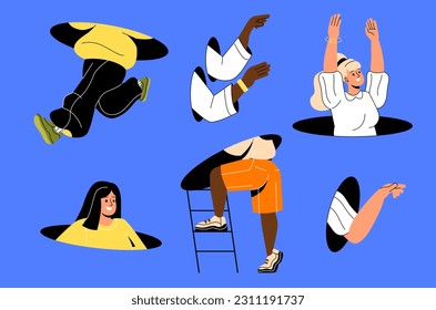 People enter and exit portals concept. Cyberspace and metaverse. Fantasy and imagination. Teleport hatch or loop. Abstract creativty and art. Cartoon flat vector collection isolated on blue background