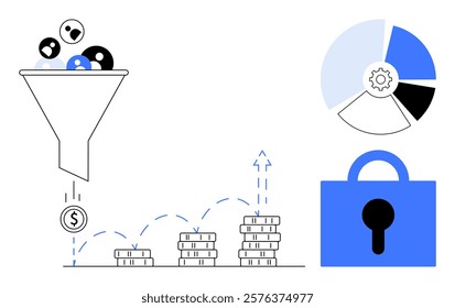 People enter a funnel leading to stacked coins representing revenue growth. Pie chart and lock icon indicate data analysis and security. Ideal for finance, marketing, analytics, cybersecurity