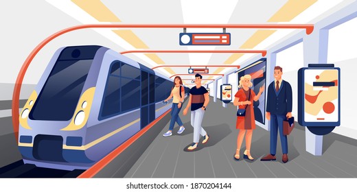 Personas entrando en tren en la estación de metro. Moderna estación de metro plataforma de ilustración vectorial. Hombres y mujeres viajando en transporte público por la ciudad. Panorama horizontal del paisaje urbano.