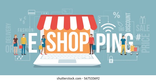 People entering a virtual shop holding shopping bags: e-shopping and e-commerce concept with icons and words