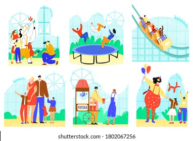 People in entertainment park vector illustration set. Cartoon flat active family characters have fun at carnival fair, ride on roller coaster. Entertaining park attraction icons isolated on white