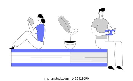 People Enthusiastically Reading Sitting on Huge Book. Young Woman and Man Students Spend Time in Library or Prepare for Examination Characters Gaining Knowledge. Cartoon Flat Vector Illustration