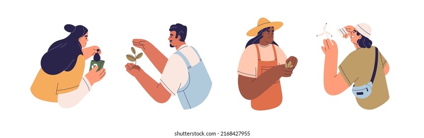 People and environment, earth care. Eco activists protecting plants, sorting garbage set. Responsible volunteers. Ecology awareness concept. Flat vector illustrations isolated on white background