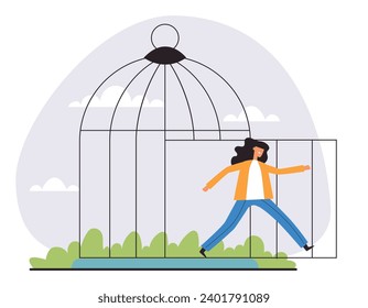 People escape from cage release concept. Vector flat graphic design illustration 