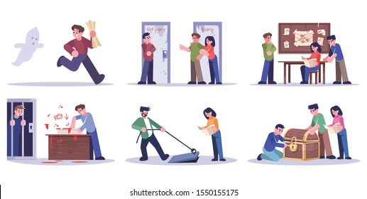 People in escape room flat vector illustrations set. Friends solving puzzles isolated cartoon characters on white background. Friends getting out of trap, finding solution of conundrum. Quest room