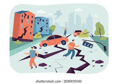 People escaping earthquake flat vector illustration. Emergency, natural disaster in city, cracks in ground, on damaged buildings, people leaving cars, running. Insurance, nature, catastrophe concept