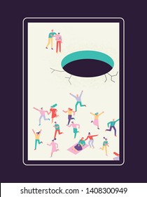 People Escaping In A Huge Sinkhole. Flat Design Style Minimal Vector Illustration