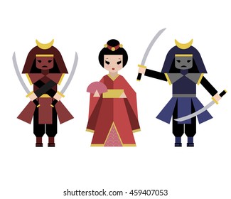 people ethnic set, japanese character vector illustrate in flat style, geisha and samurai