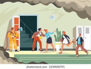 People evacuation. Fire evacuating employees to safety emergency escape, evacuate instruction plan employee leaving office building run in doorway exit, recent vector illustration of safety emergency