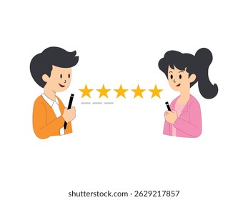 A people evaluating app, product, service. People giving five stars. User experience feedback concept. Trendy vector flat illustration