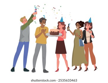 Pessoas no evento com conceito de celebração. Homem e mulher cantando feliz aniversário. Ilustração de vetor plano de desenhos animados.