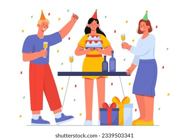 People at event with glasses concept. Man and women with desserre and delicacy. Holiday and festival, party. Ner Year, Christmas and birthday. Greeting postcard. Cartoon flat vector illustration