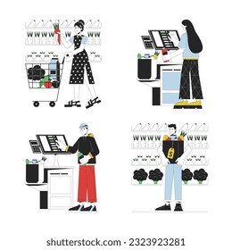 People everyday activities flat line color vector characters set. Editable outline full body people in supermarket on white. Shopping simple cartoon spot illustrations pack for web graphic design