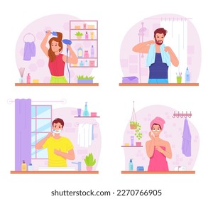 People everyday hygiene. Morning skincare lifestyle, oral dental care teeth brushing, man shaving razor woman with towel or hair dryer after home shower, vector illustration of morning care skin