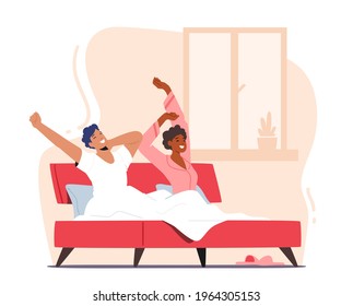 People Everyday Routine, Couple Lifestyle. Young Man and Woman Wake Up at Morning, Awaken Happy Characters Stretching Body Sitting on Bed after Getting Up in Bedroom. Cartoon Vector Illustration