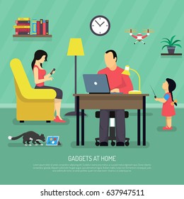 People evolution digital gadget composition of flat family human characters and domestic room interior with text vector illustration