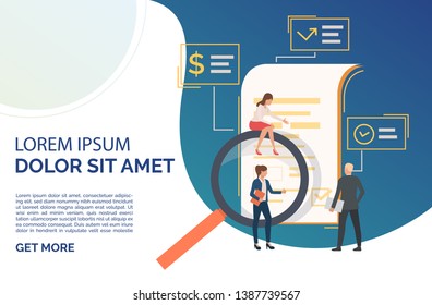 People examining document with loupe. Agreement, scrutiny, exploration. Contract concept. Vector illustration can be used for presentation slides, web pages, layouts