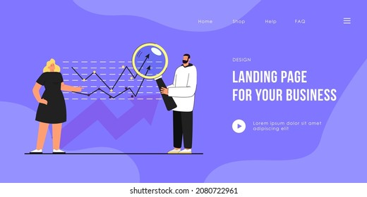 People examining sales or financial statistics. Analytics looking at growth curve through magnifier flat vector illustration. Data analysis, achievement concept for banner, website or landing web page