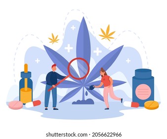 People Examining And Taking Care Of Hemp Providing It With Water And Food. Cannabis Flat Vector Illustration. Production Of Weed, Advantages Of Its Taking, Medicine Concept