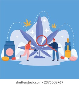 people examining taking care hemp providing it with water food cannabis flat vector design illustration