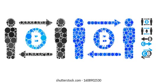 People exchange Bitcoin coin composition of filled circles in various sizes and shades, based on people exchange Bitcoin coin icon. Vector filled circles are organized into blue composition.